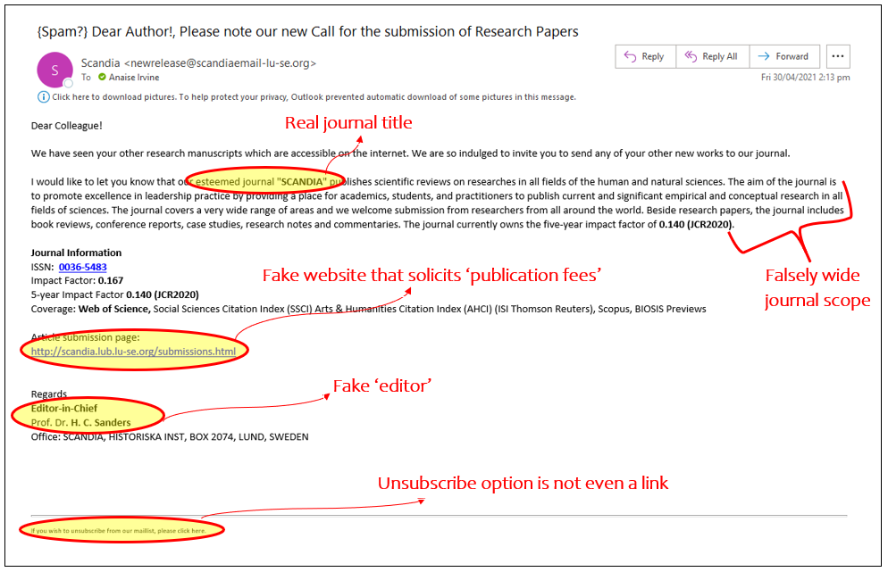 Emailed 'call for papers' showing warning signs of being fraudulent