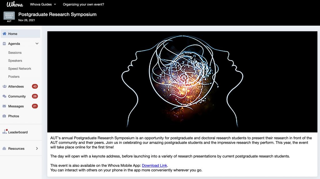 A screenshot of Whova homescreen for the AUT Postgraduate Research Symposium